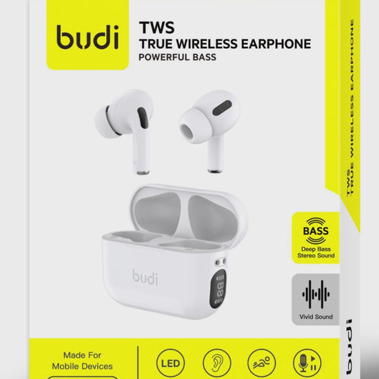 Budi TWS True Wireless Earphone Powerful Base in White Earphones FoneFunShop