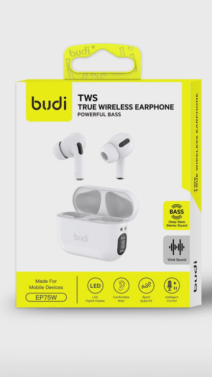 Budi TWS True Wireless Earphone Powerful Base in White Earphones FoneFunShop