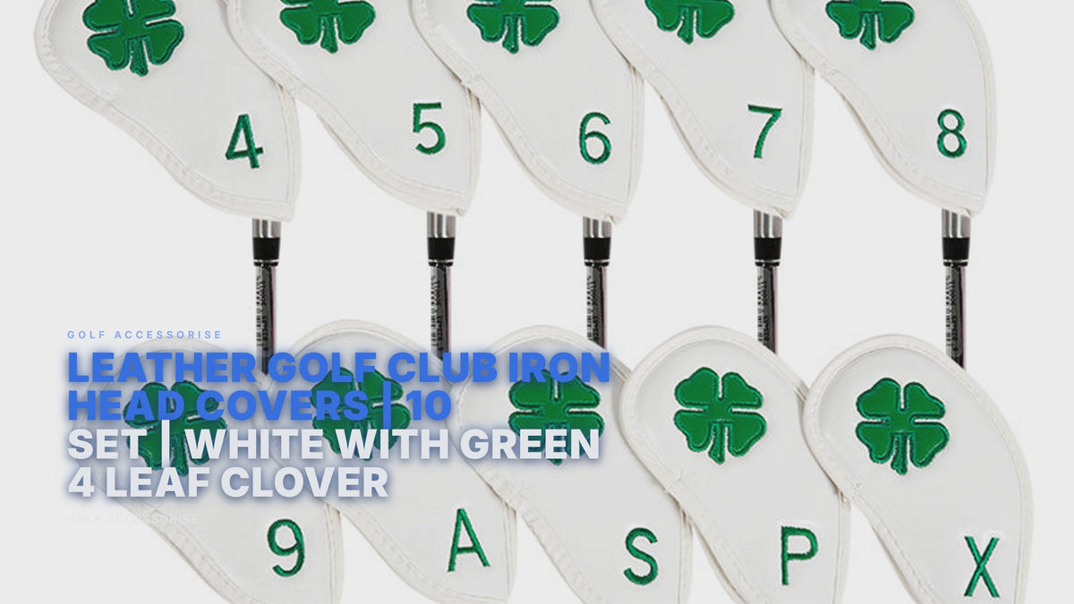 Leather Golf Club Iron Head Covers | 10 Piece Set | White with Green 4 Leaf Clover Shamrock Golf Accessorise FoneFunShop