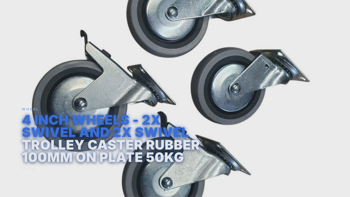 4 inch Wheels - 2x Swivel and 2x Swivel with Break - Trolley Caster Rubber 100mm On Plate 50kg Grey (Pack of 4 Wheels) Wheel FoneFunShop