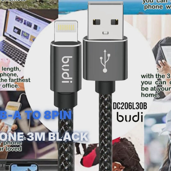 Budi USB-A To 8Pin Cable For iPhone 3M Black Cable Budi
