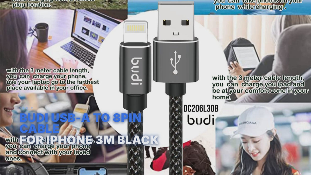 Budi USB-A To 8Pin Cable For iPhone 3M Black Cable Budi