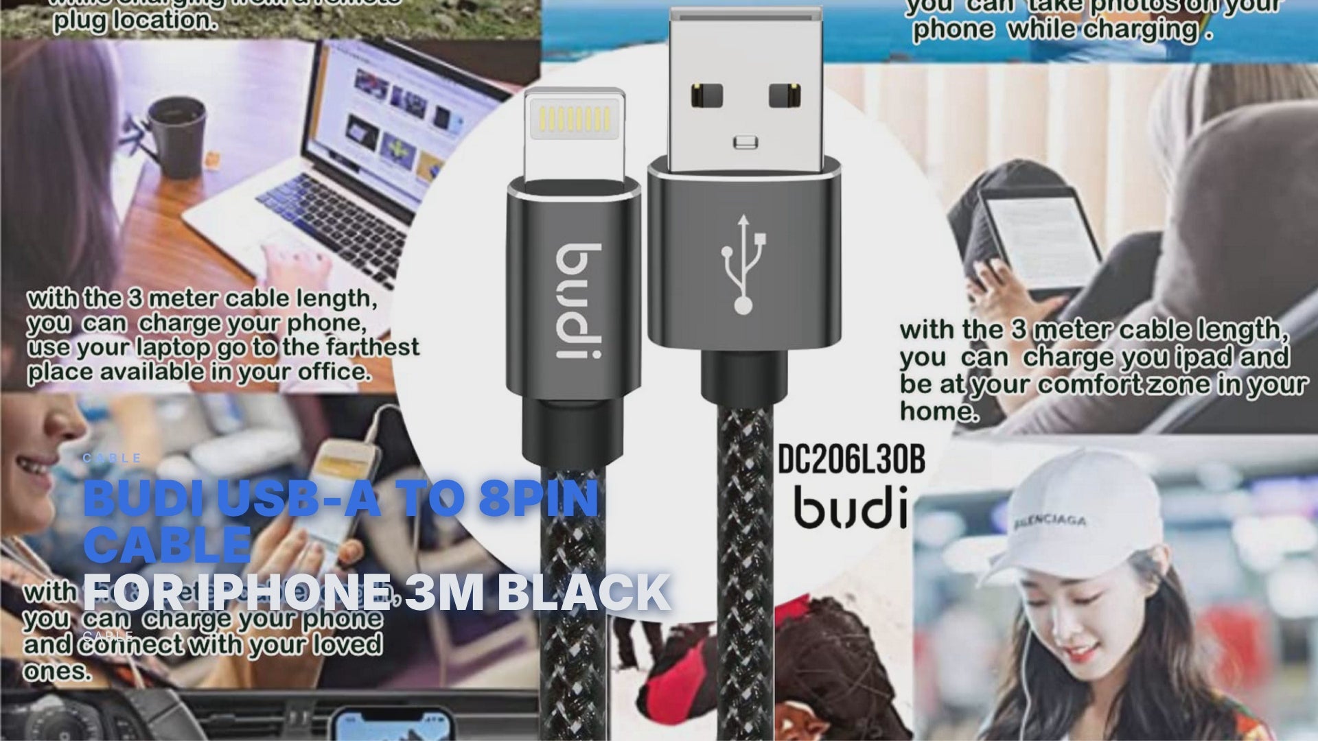 Budi USB-A To 8Pin Cable For iPhone 3M Black Cable Budi