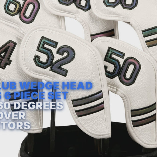 Golf Club Wedge Head Covers 6 Piece Set 50, 52, 54, 56, 58, 60 Degrees Headcover Protectors White with Rainbow Coloured Numbers Golf Accessorise FoneFunShop