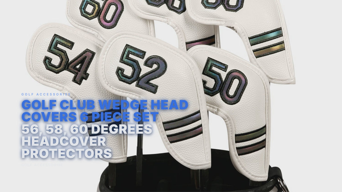 Golf Club Wedge Head Covers 6 Piece Set 50, 52, 54, 56, 58, 60 Degrees Headcover Protectors White with Rainbow Coloured Numbers Golf Accessorise FoneFunShop