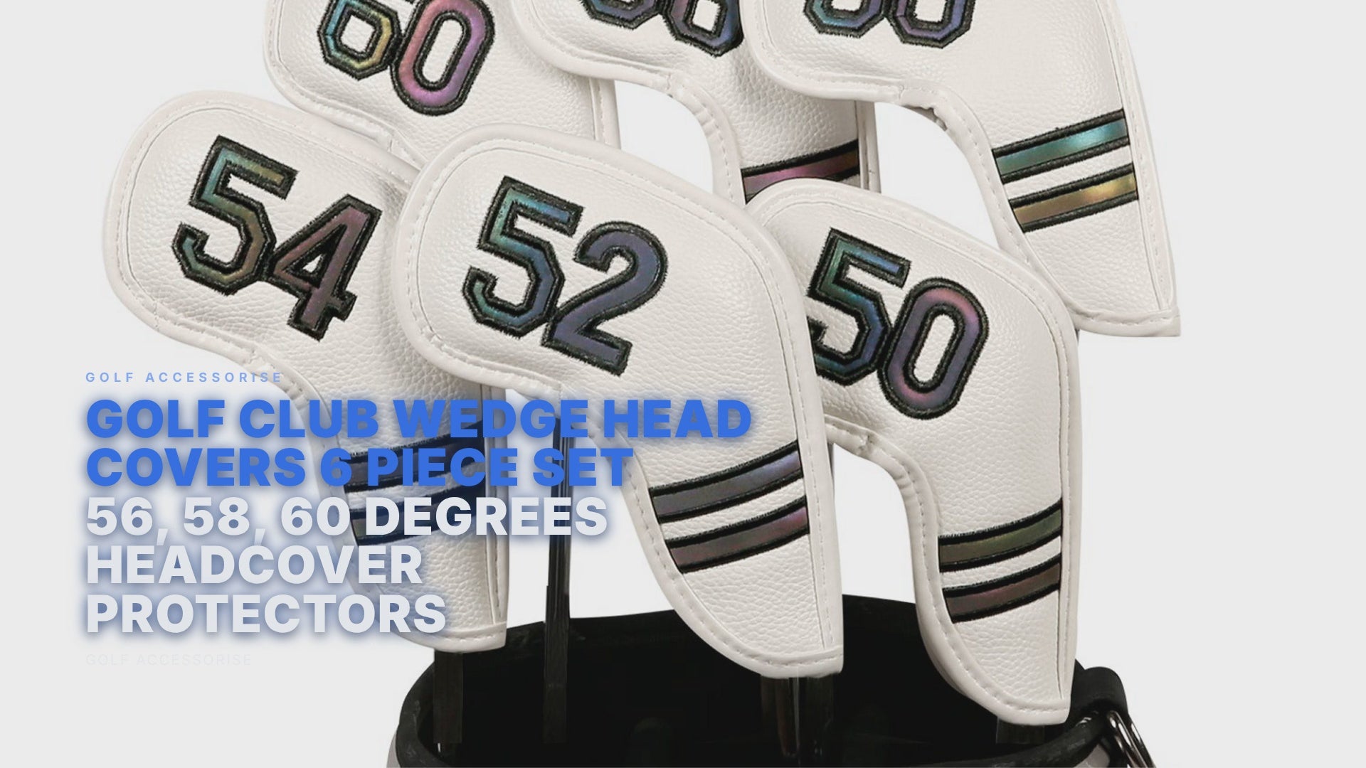 Golf Club Wedge Head Covers 6 Piece Set 50, 52, 54, 56, 58, 60 Degrees Headcover Protectors White with Rainbow Coloured Numbers Golf Accessorise FoneFunShop