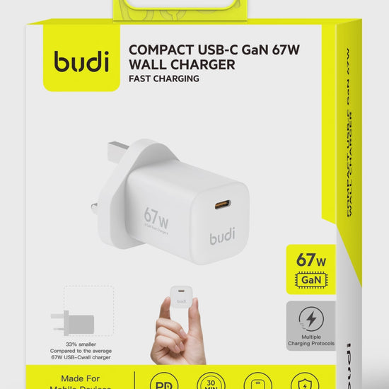 Budi 67W GaN USB-C Compact Wall Charger UK Plug PD Fast Charging Wall Charger FoneFunShop