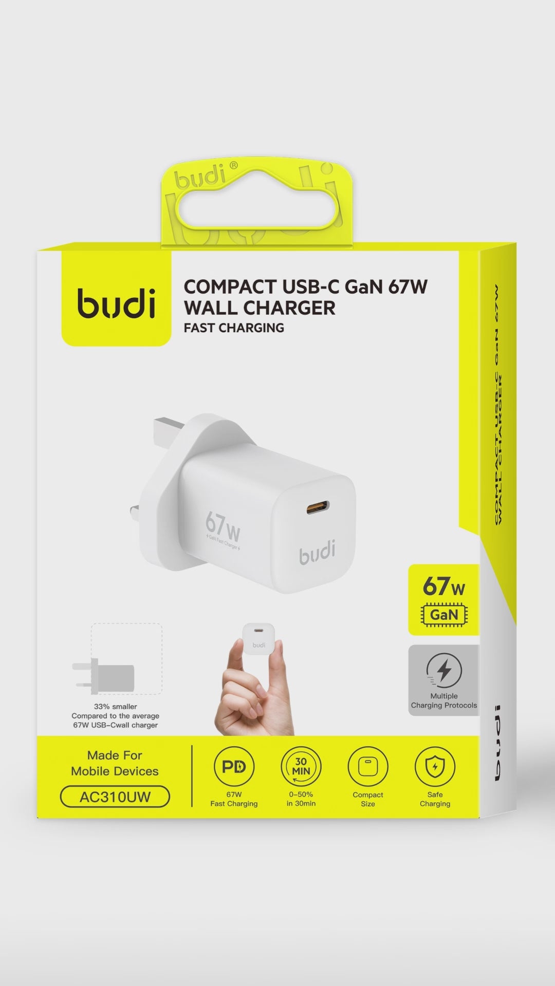 Budi 67W GaN USB-C Compact Wall Charger UK Plug PD Fast Charging Wall Charger FoneFunShop