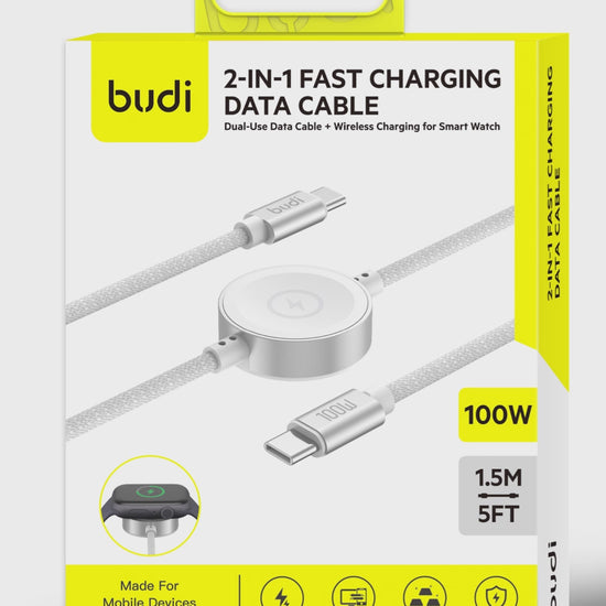 Budi 1.5M USB-C Cable 100W with Magnetic Smart Watch Charger White Cable FoneFunShop