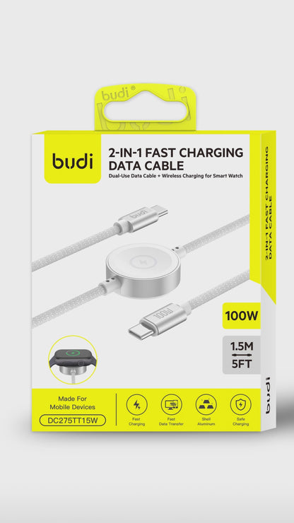 Budi 1.5M USB-C Cable 100W with Magnetic Smart Watch Charger White Cable FoneFunShop