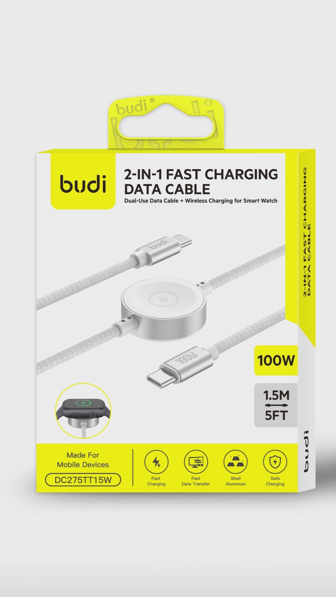 Budi 1.5M USB-C Cable 100W with Magnetic Smart Watch Charger White Cable FoneFunShop