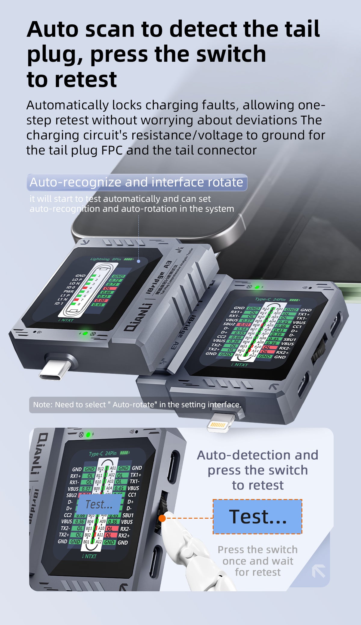 QianLi iBridge A3 Port Tester for Type-C / 8-Pin Interface - Automatic Recognition Analyzer and Diagnostic Tool Phone Repair Tools FoneFunShop