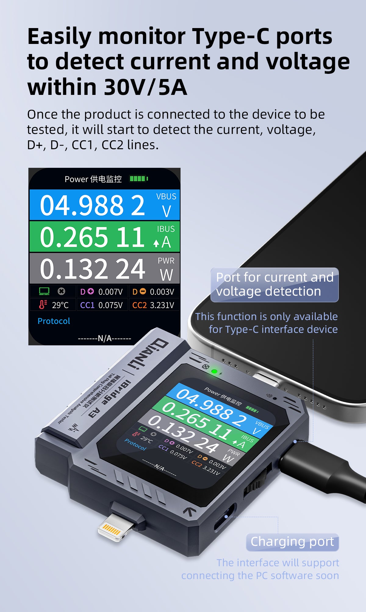 QianLi iBridge A3 Port Tester for Type-C / 8-Pin Interface - Automatic Recognition Analyzer and Diagnostic Tool Phone Repair Tools FoneFunShop