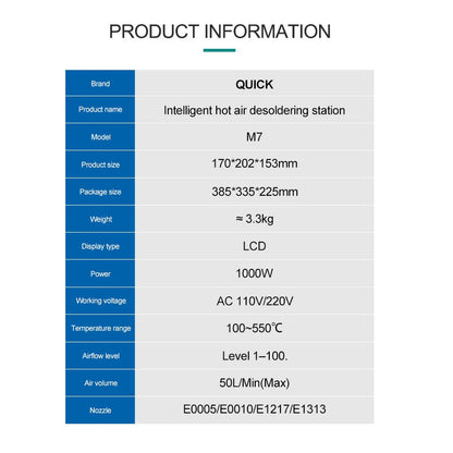 QUICK M7 110v 1000W Intelligent Lead-free Soldering Station 9-channel Intelligent Desoldering Solder FoneFunShop