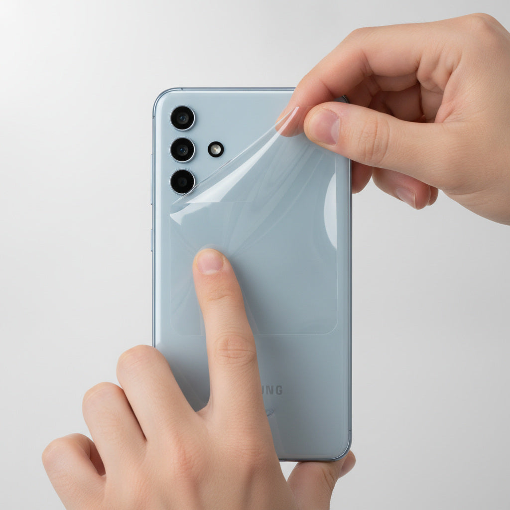 Applying a hydrogel back protector film to the back of a Samsung Galaxy A phone - back of phone