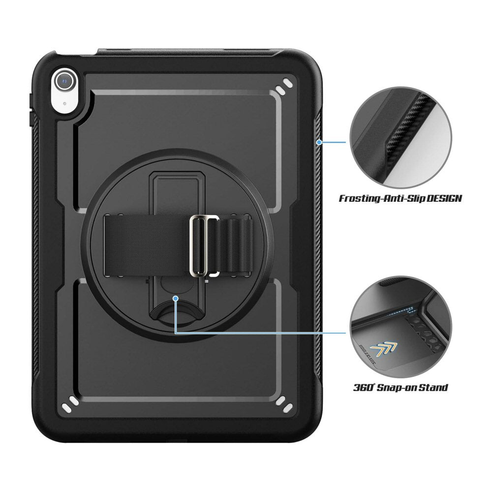 Case for iPad A16 11th/10th Gen 2025/2022 (11/10.9 Inch) Frosting-Anti-Slip Shockproof Case with Screen Protector 360 Rotating Hand Strap/Stand Pencil Holder Black Case Cover FoneFunShop