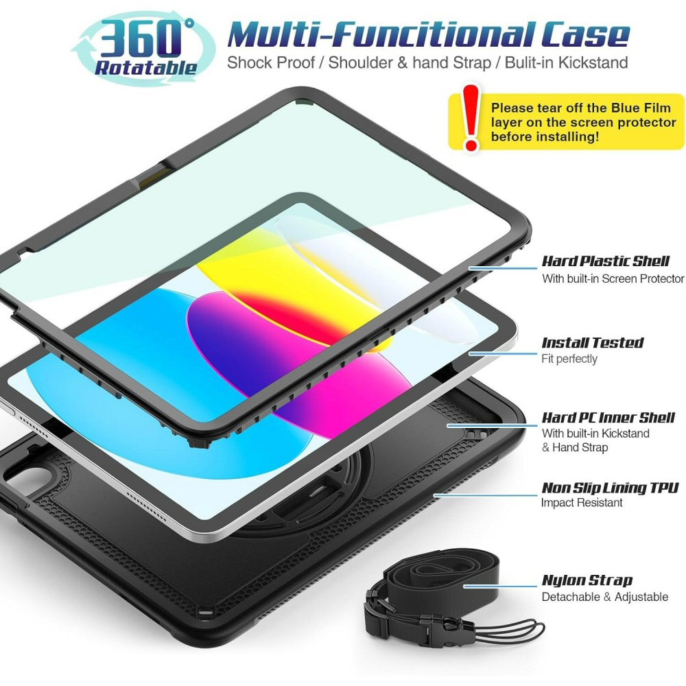 Case for iPad A16 11th/10th Gen 2025/2022 (11/10.9 Inch) Frosting-Anti-Slip Shockproof Case with Screen Protector 360 Rotating Hand Strap/Stand Pencil Holder Black Case Cover FoneFunShop