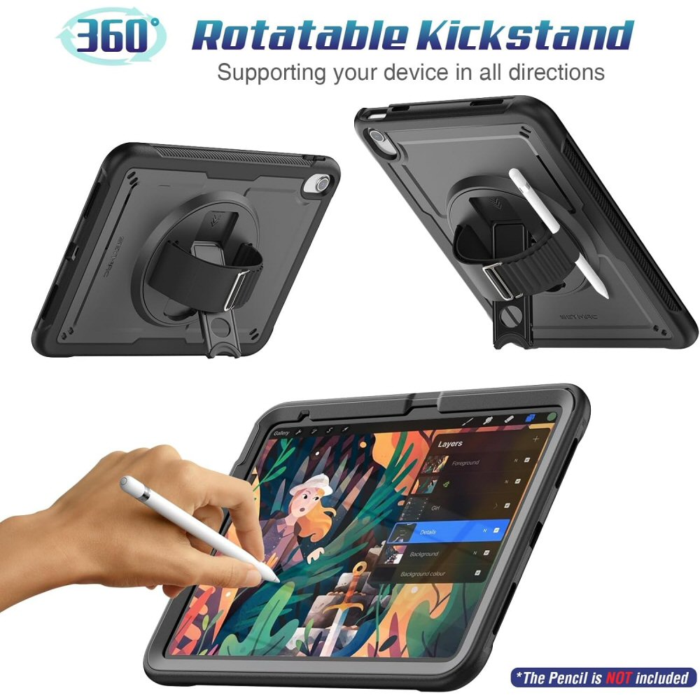 Case for iPad A16 11th/10th Gen 2025/2022 (11/10.9 Inch) Frosting-Anti-Slip Shockproof Case with Screen Protector 360 Rotating Hand Strap/Stand Pencil Holder Black Case Cover FoneFunShop