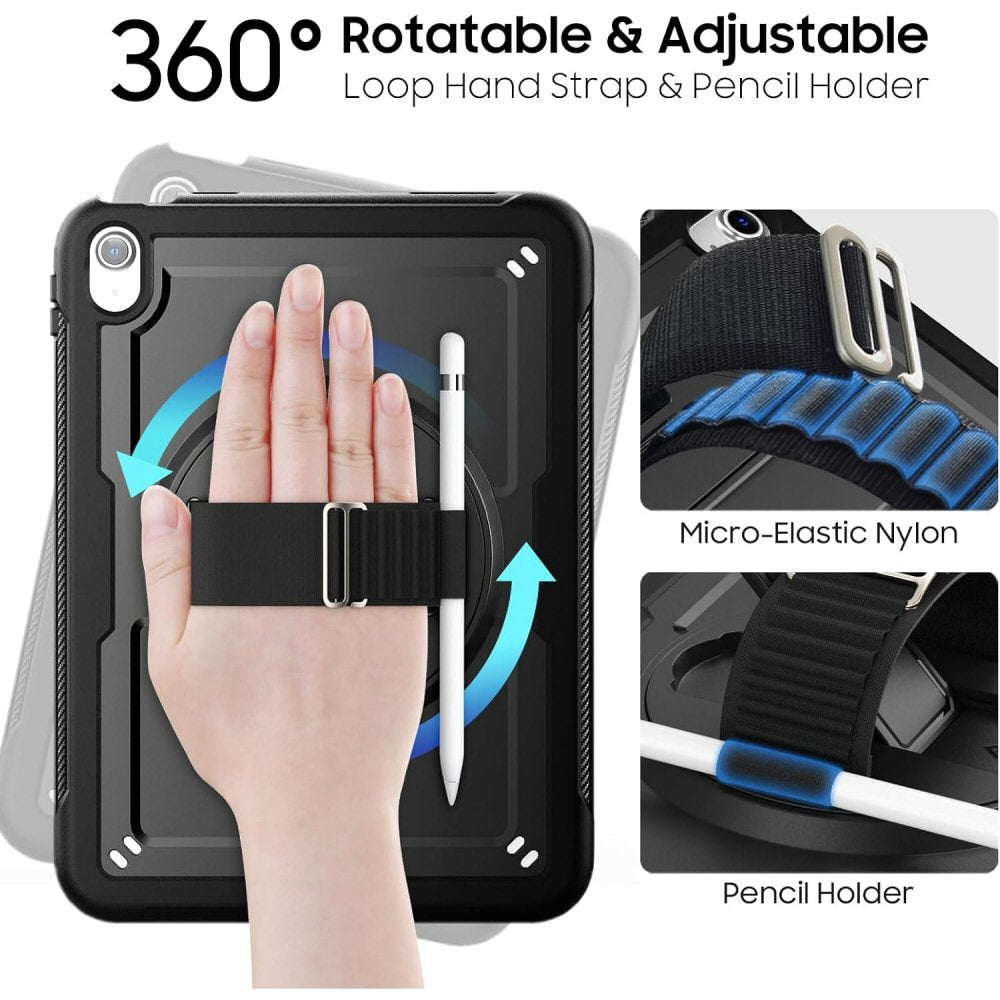 Case for iPad A16 11th/10th Gen 2025/2022 (11/10.9 Inch) Frosting-Anti-Slip Shockproof Case with Screen Protector 360 Rotating Hand Strap/Stand Pencil Holder Black Case Cover FoneFunShop