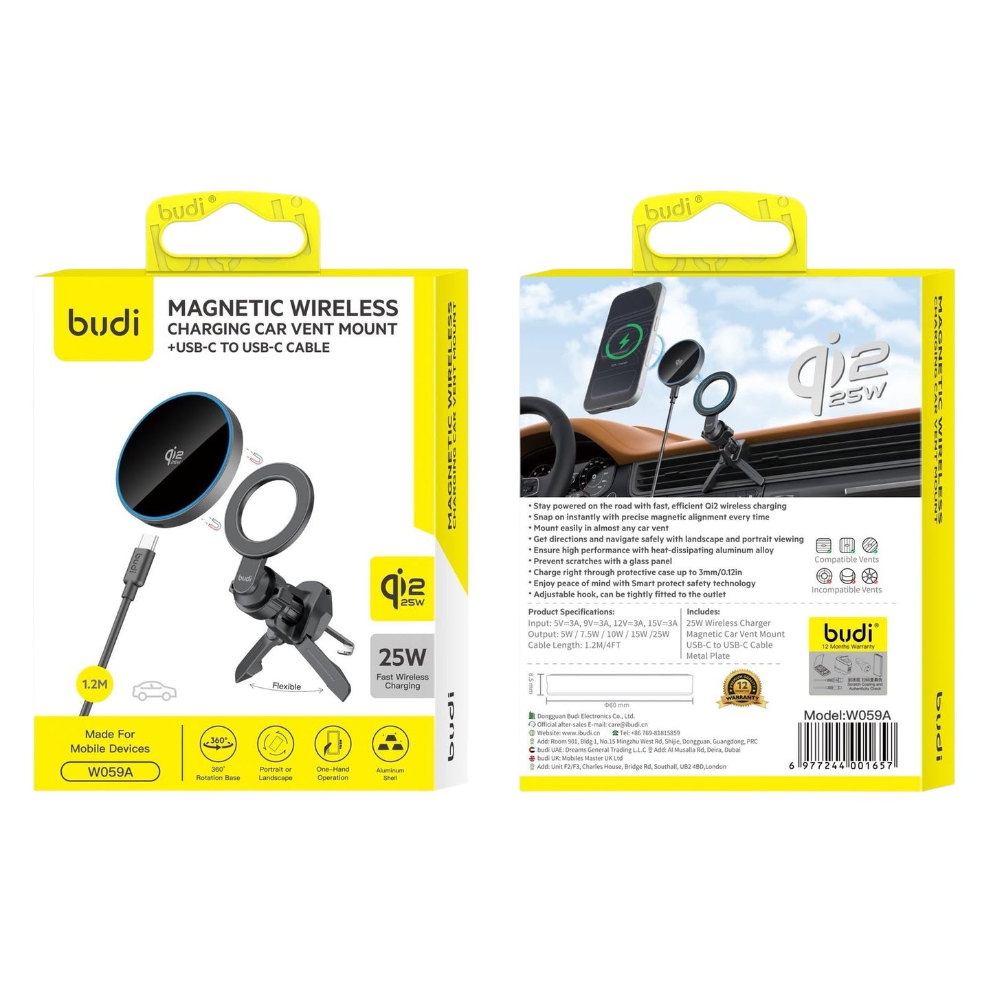 Budi W059A 25W Super Fast Wireless Car Charger - Magnetic Vent Mount Car Charger FoneFunShop