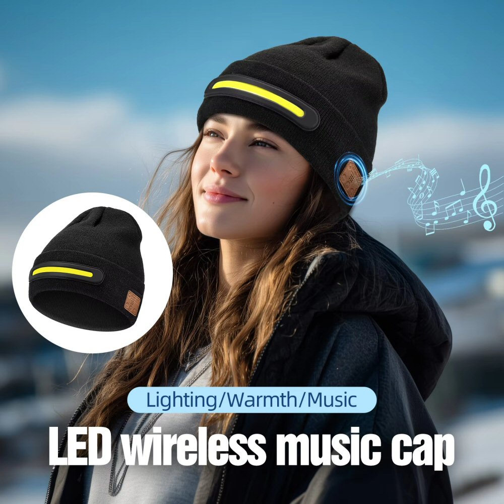 Warm Beanie Hat with Integrated LED Front Light and Bluetooth Music Earphones Hat FoneFunShop