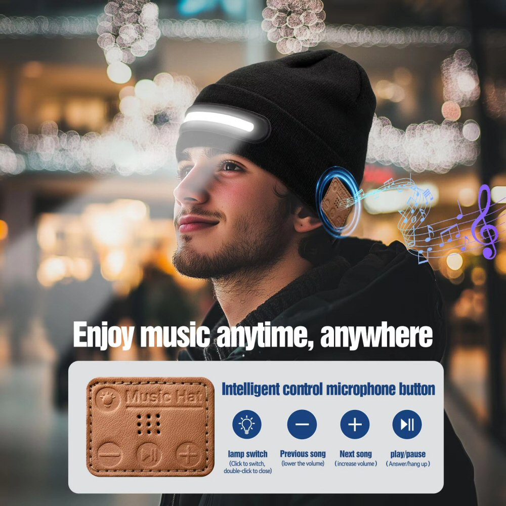 Warm Beanie Hat with Integrated LED Front Light and Bluetooth Music Earphones Hat FoneFunShop