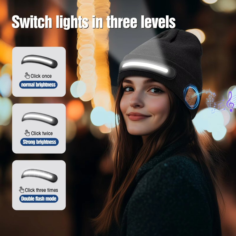 Warm Beanie Hat with Integrated LED Front Light and Bluetooth Music Earphones Hat FoneFunShop