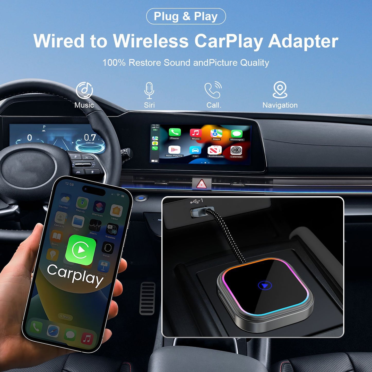 Wireless Bluetooth Car Stereo Adapter for Apple Carplay and Android Auto - USB-C Car FoneFunShop
