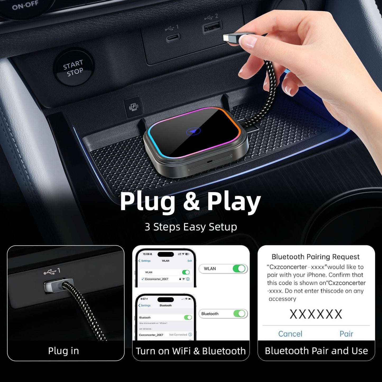 Wireless Bluetooth Car Stereo Adapter for Apple Carplay and Android Auto - USB-C Car FoneFunShop