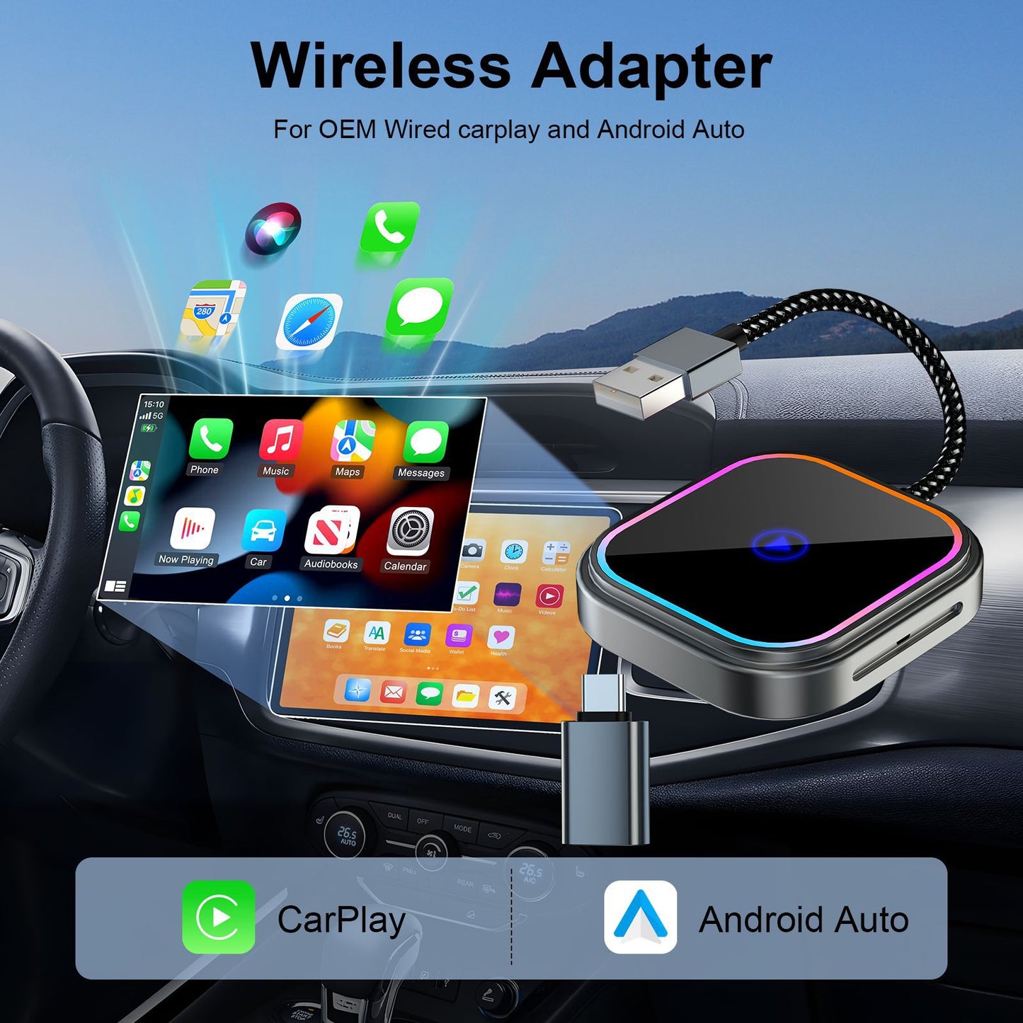 Wireless Bluetooth Car Stereo Adapter for Apple Carplay and Android Auto - USB-C Car FoneFunShop