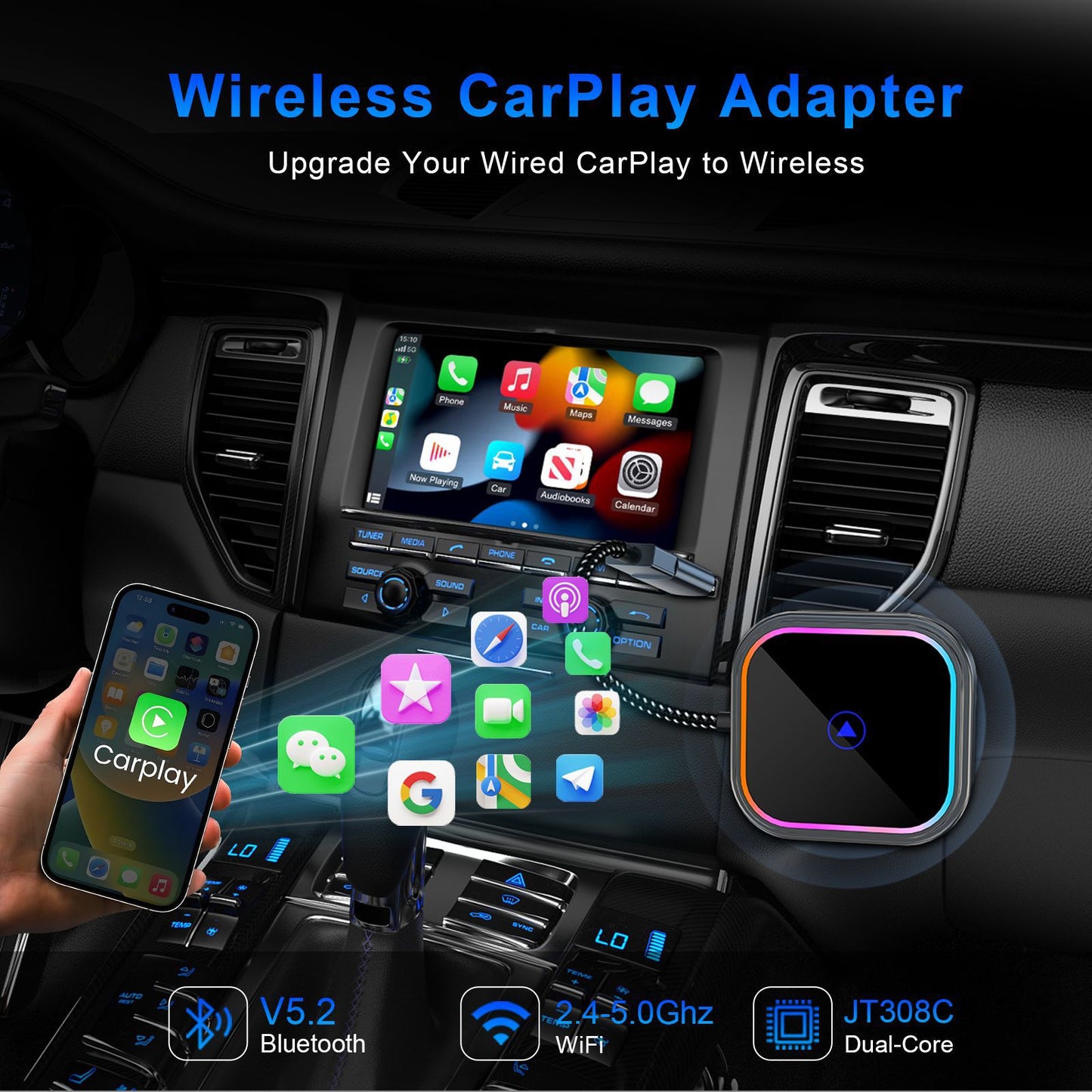 Wireless Bluetooth Car Stereo Adapter for Apple Carplay and Android Auto - USB-C Car FoneFunShop