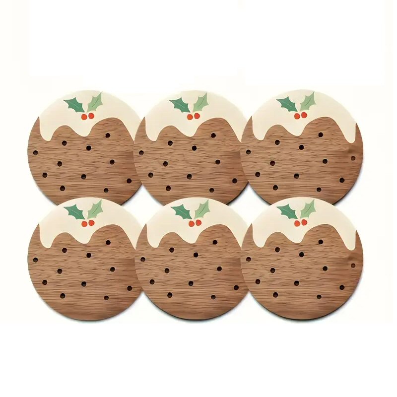 6-Piece Wooden Christmas Pudding Coaster Set - Festive Table & Home Decor Christmas FoneFunShop