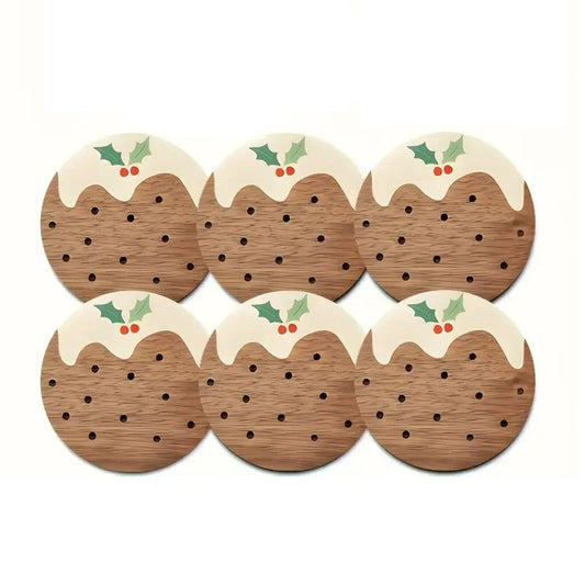 6-Piece Wooden Christmas Pudding Coaster Set - Festive Table & Home Decor Christmas FoneFunShop