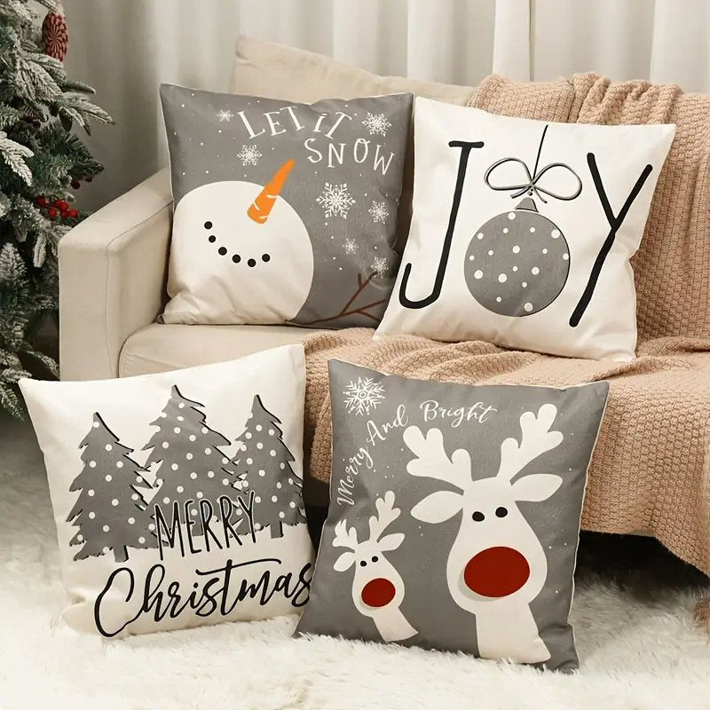 4pcs Merry Christmas Linen Pillow Covers 45x45cm Grey White Holiday Decor Christmas FoneFunShop