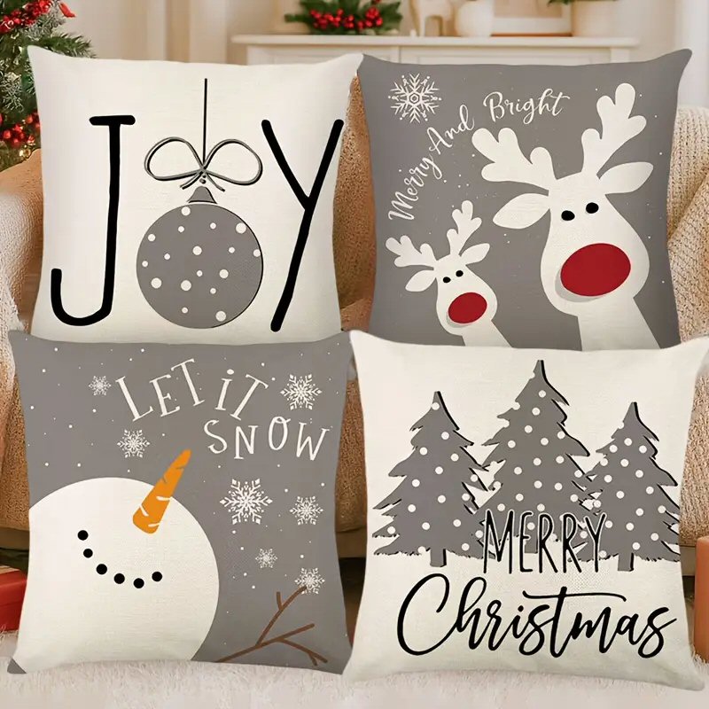 4pcs Merry Christmas Linen Pillow Covers 45x45cm Grey White Holiday Decor Christmas FoneFunShop