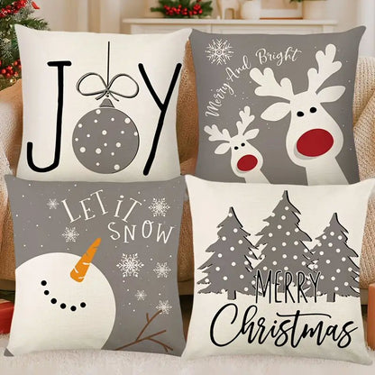 4pcs Merry Christmas Linen Pillow Covers 45x45cm Grey White Holiday Decor Christmas FoneFunShop
