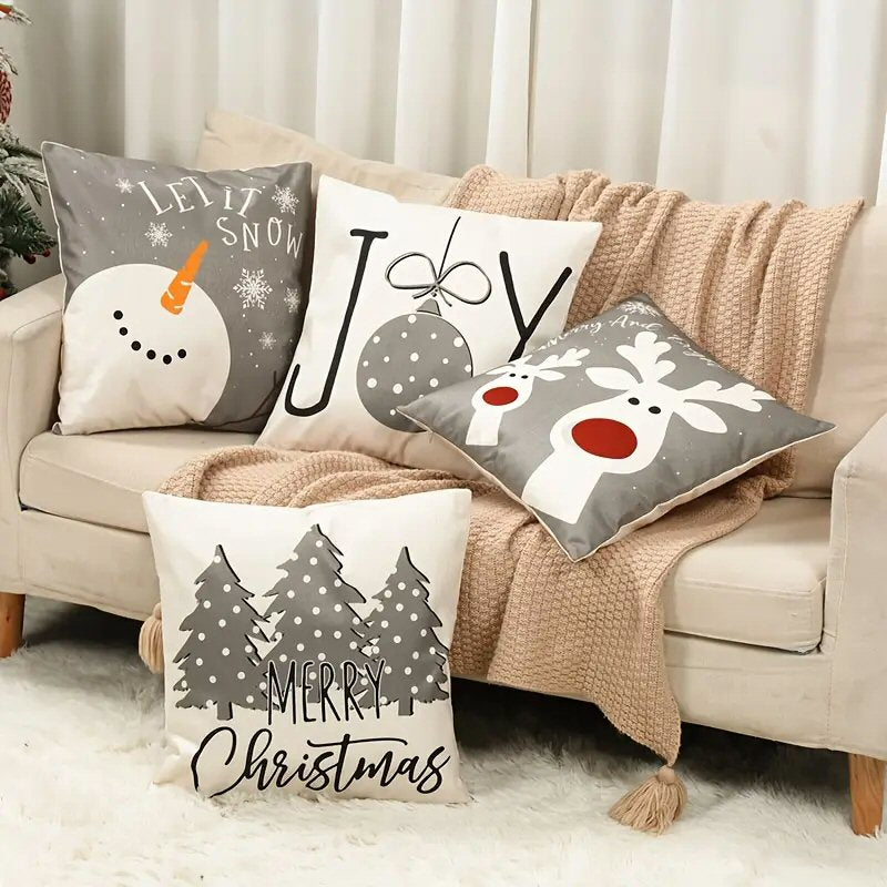 4pcs Merry Christmas Linen Pillow Covers 45x45cm Grey White Holiday Decor Christmas FoneFunShop
