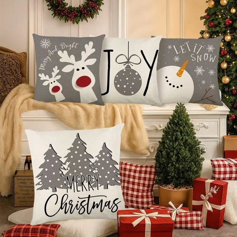 4pcs Merry Christmas Linen Pillow Covers 45x45cm Grey White Holiday Decor Christmas FoneFunShop
