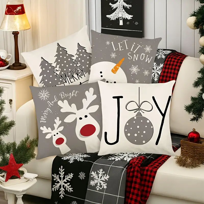 4pcs Merry Christmas Linen Pillow Covers 45x45cm Grey White Holiday Decor Christmas FoneFunShop