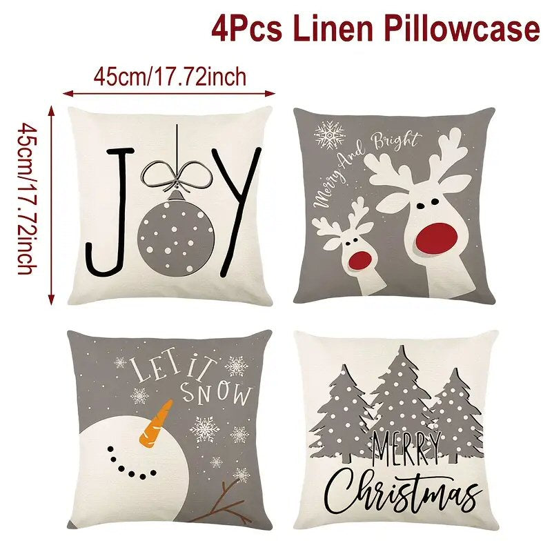 4pcs Merry Christmas Linen Pillow Covers 45x45cm Grey White Holiday Decor Christmas FoneFunShop