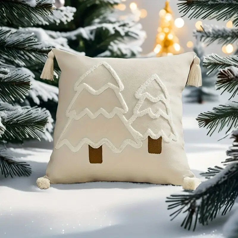 Christmas Embroidered Tree Cushion Cover - 45x45cm Canvas Holiday Decor Christmas FoneFunShop