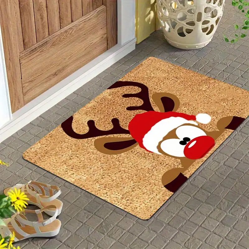 Christmas Reindeer With Santa Hat Doormat 40x60cm - Durable Festive Welcome Mat Door Mat FoneFunShop