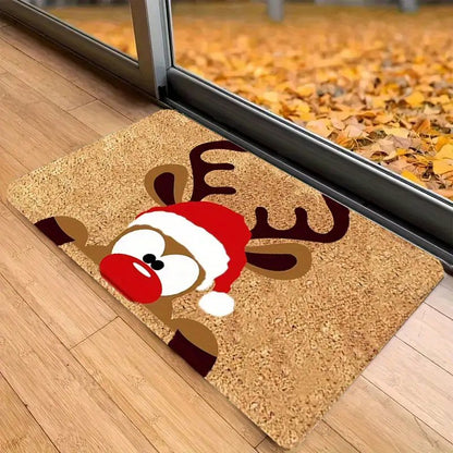 Christmas Reindeer With Santa Hat Doormat 40x60cm - Durable Festive Welcome Mat Door Mat FoneFunShop