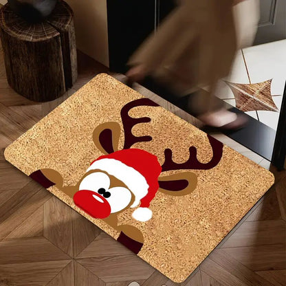 Christmas Reindeer With Santa Hat Doormat 40x60cm - Durable Festive Welcome Mat Door Mat FoneFunShop
