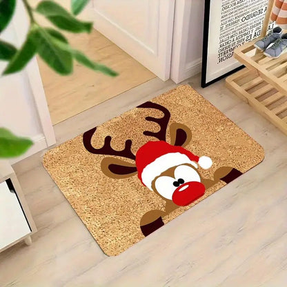 Christmas Reindeer With Santa Hat Doormat 40x60cm - Durable Festive Welcome Mat Door Mat FoneFunShop