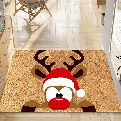 Christmas Reindeer With Santa Hat Doormat 40x60cm - Durable Festive Welcome Mat Door Mat FoneFunShop