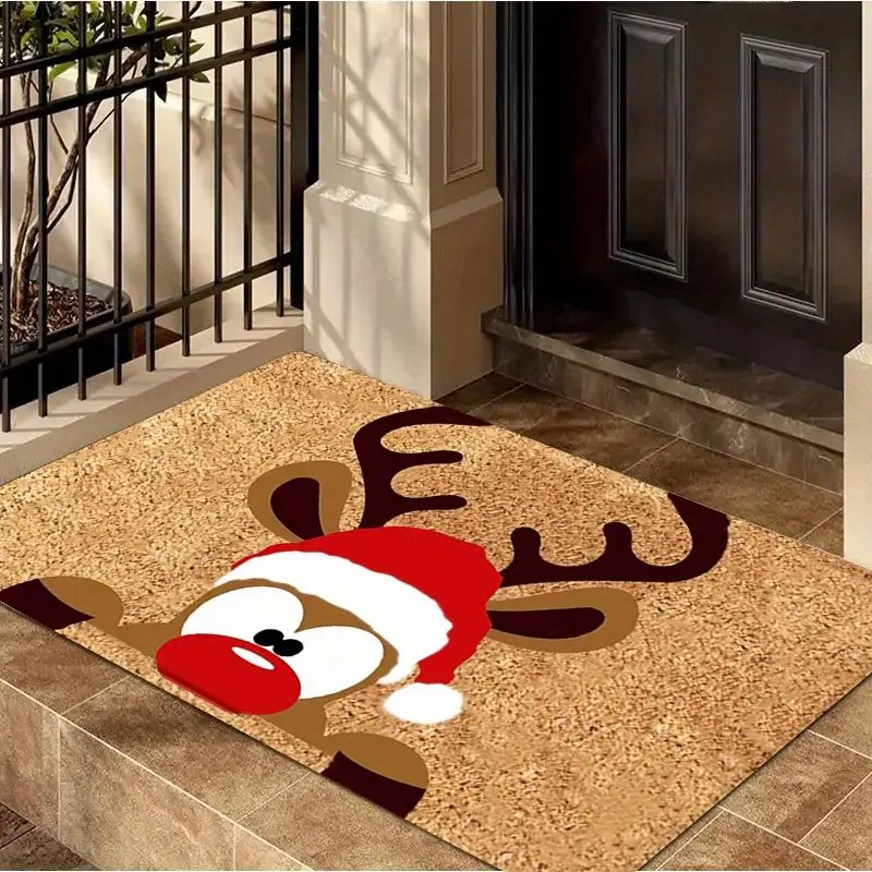Christmas Reindeer With Santa Hat Doormat 40x60cm - Durable Festive Welcome Mat Door Mat FoneFunShop