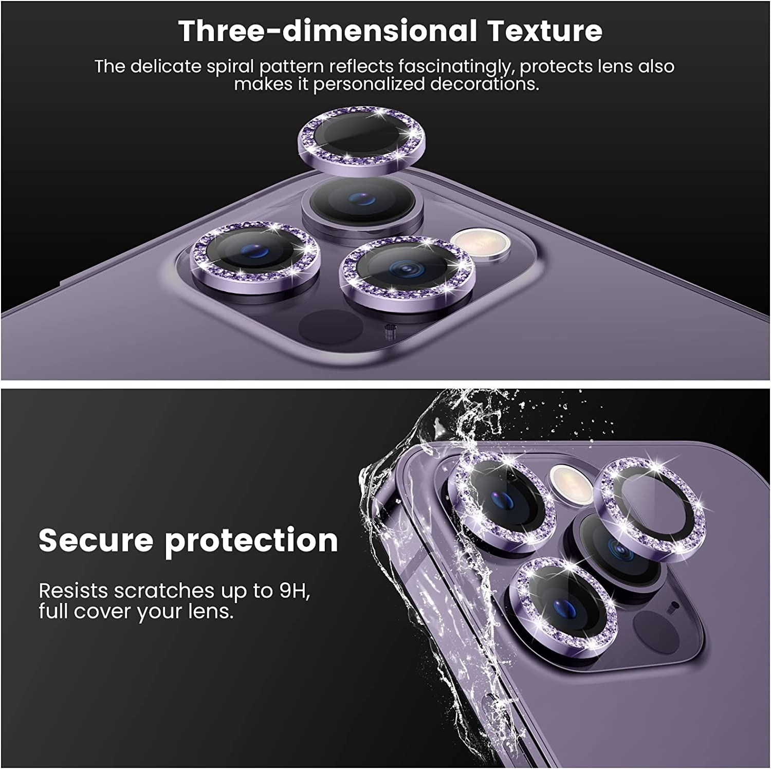 For iPhone 14 Pro/14 Pro Max - A Set of 3 Purple Jewelled Camera Lens ...