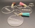 Personalized Keyring Clear Perspex with Key Chain and Coloured Leather Tassle