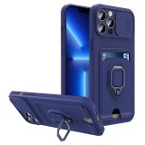 For iPhone 13 - Blue Multi Function Case with Magnetic Ring Holder Camera Shutter & Card holder